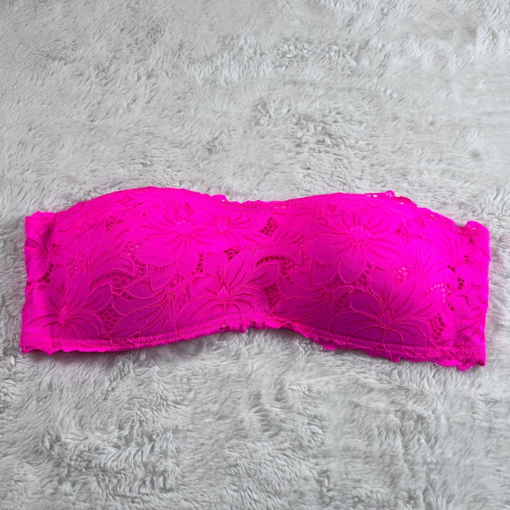 Aerie Real Good Neon Pink Floral Lace Padded Bandeau Bra Medium Strapless NWOT